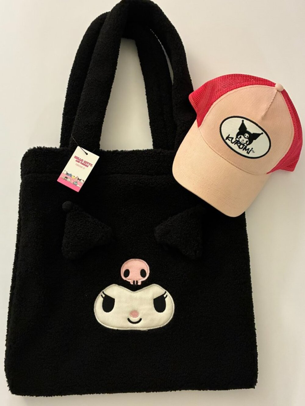Kuromi Forever 21 Plush Shoulder Bag Black Embroidered Hat Cap Pink Set of 2 New